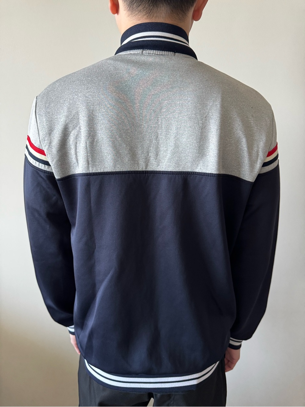 Men's Navy and Silver Athletic Bomber Jacket with Red Stripe Accents